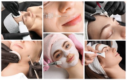 Image of Cosmetology. Collage with photos of client undergoing different beauty procedures