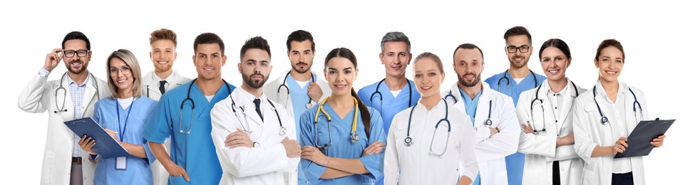 Image of Different healthcare workers in uniforms on white background