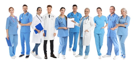 Image of Different healthcare workers in uniforms on white background