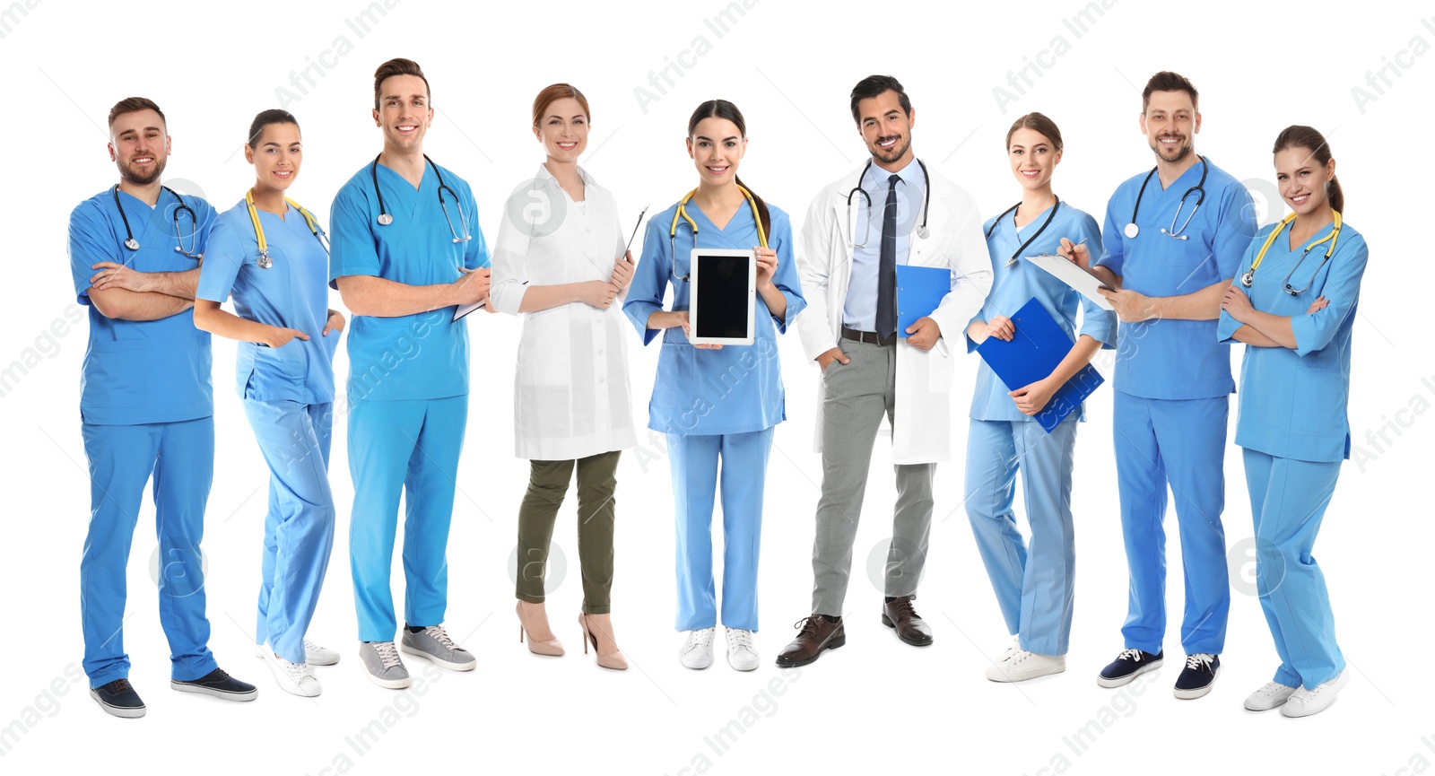 Image of Different healthcare workers in uniforms on white background