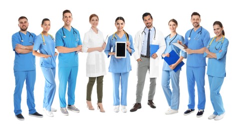 Image of Different healthcare workers in uniforms on white background