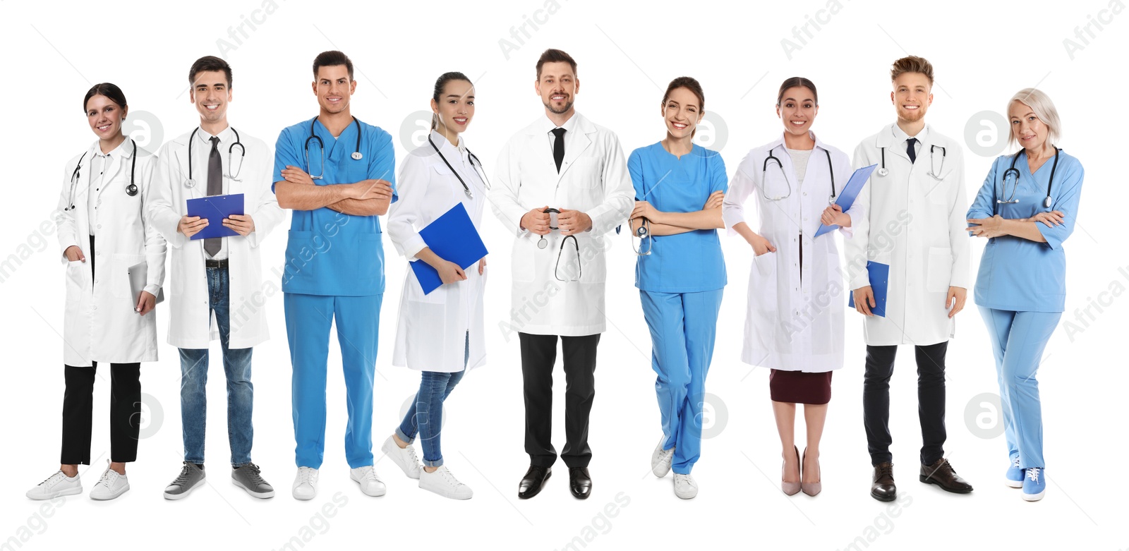 Image of Different healthcare workers in uniforms on white background