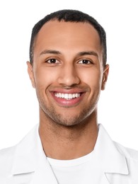 Photo of health worker for ID card or other document. Portrait of man on white background