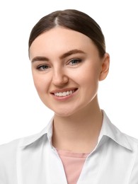 Image of Photo of health worker for ID card or other document. Portrait of woman on white background