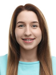 Passport photo of woman on white background