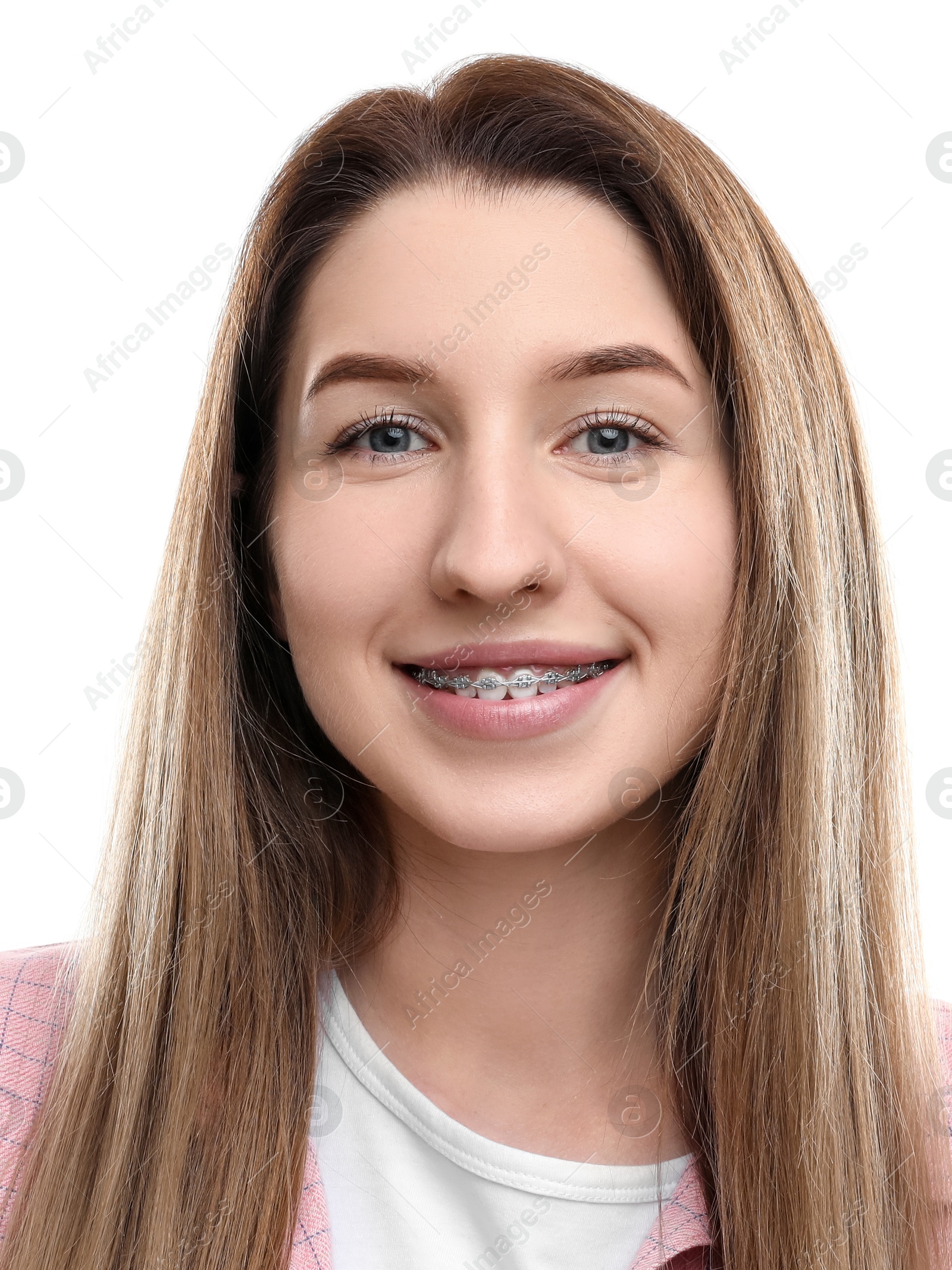 Image of Passport photo of woman on white background