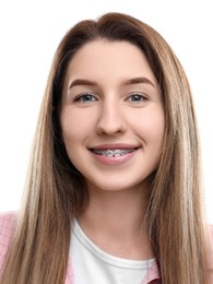 Image of Passport photo of woman on white background