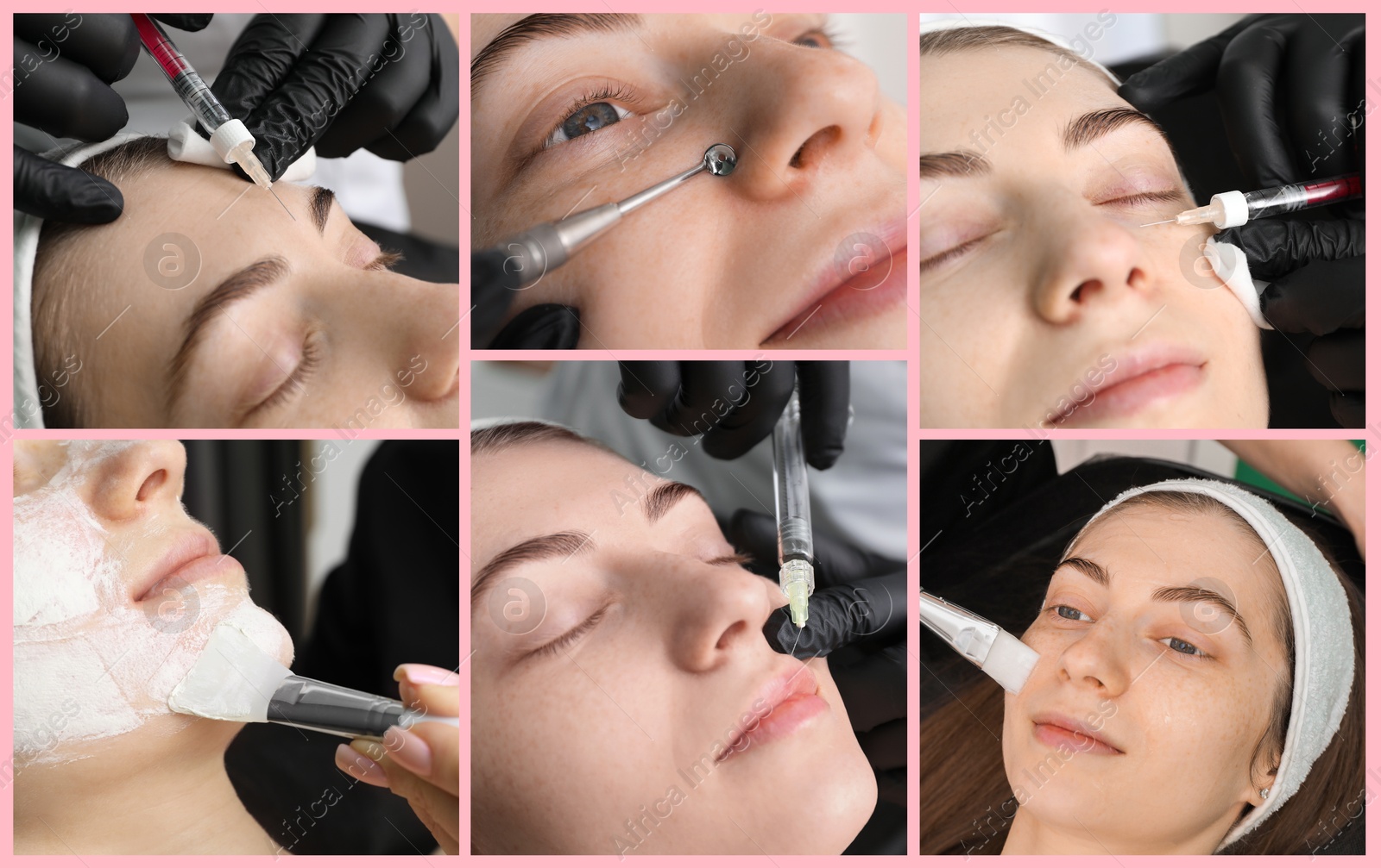 Image of Cosmetology. Collage with photos of client undergoing different beauty procedures