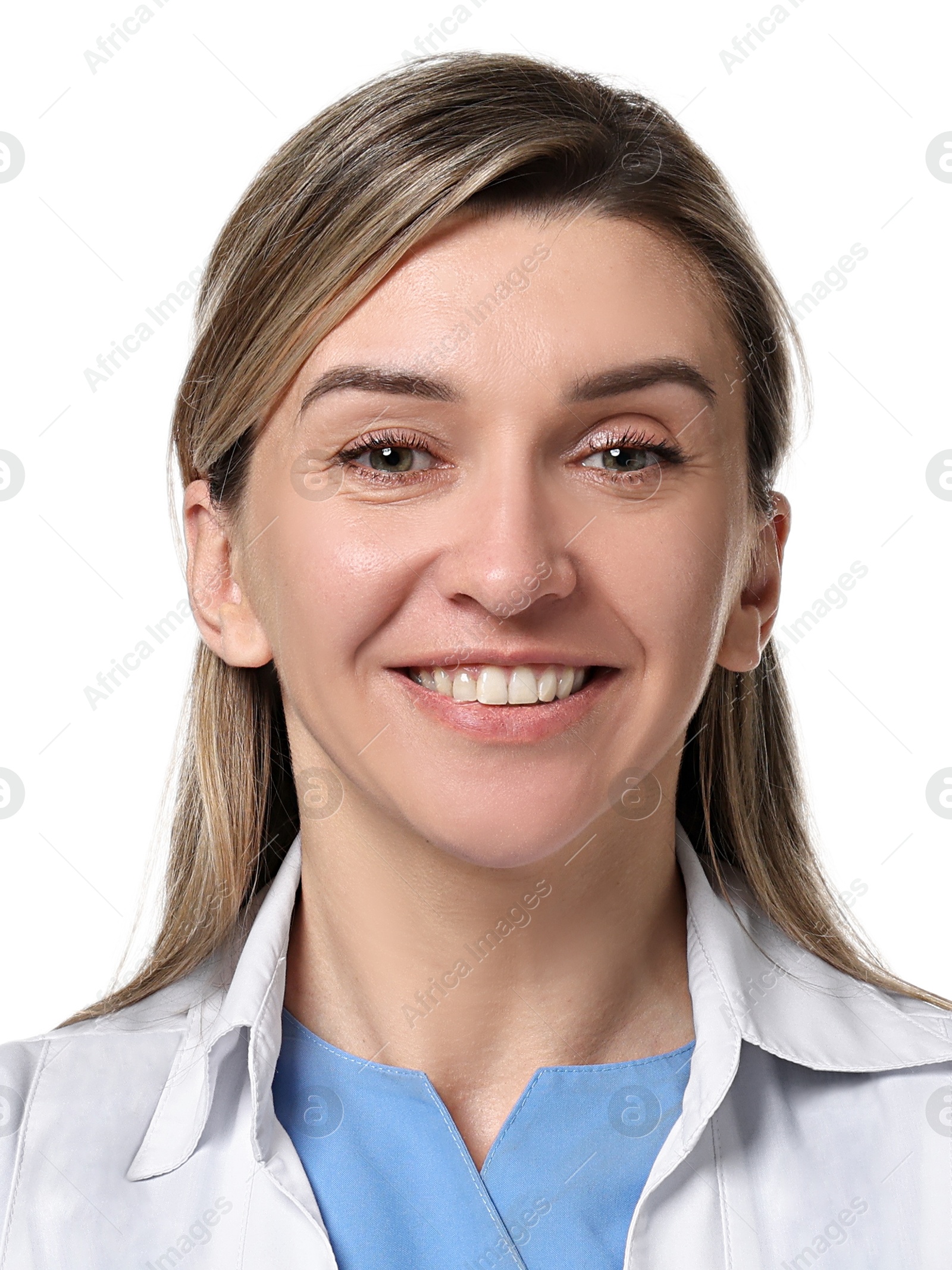 Image of Photo of health worker for ID card or other document. Portrait of woman on white background