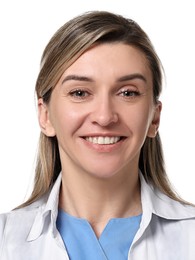 Photo of health worker for ID card or other document. Portrait of woman on white background