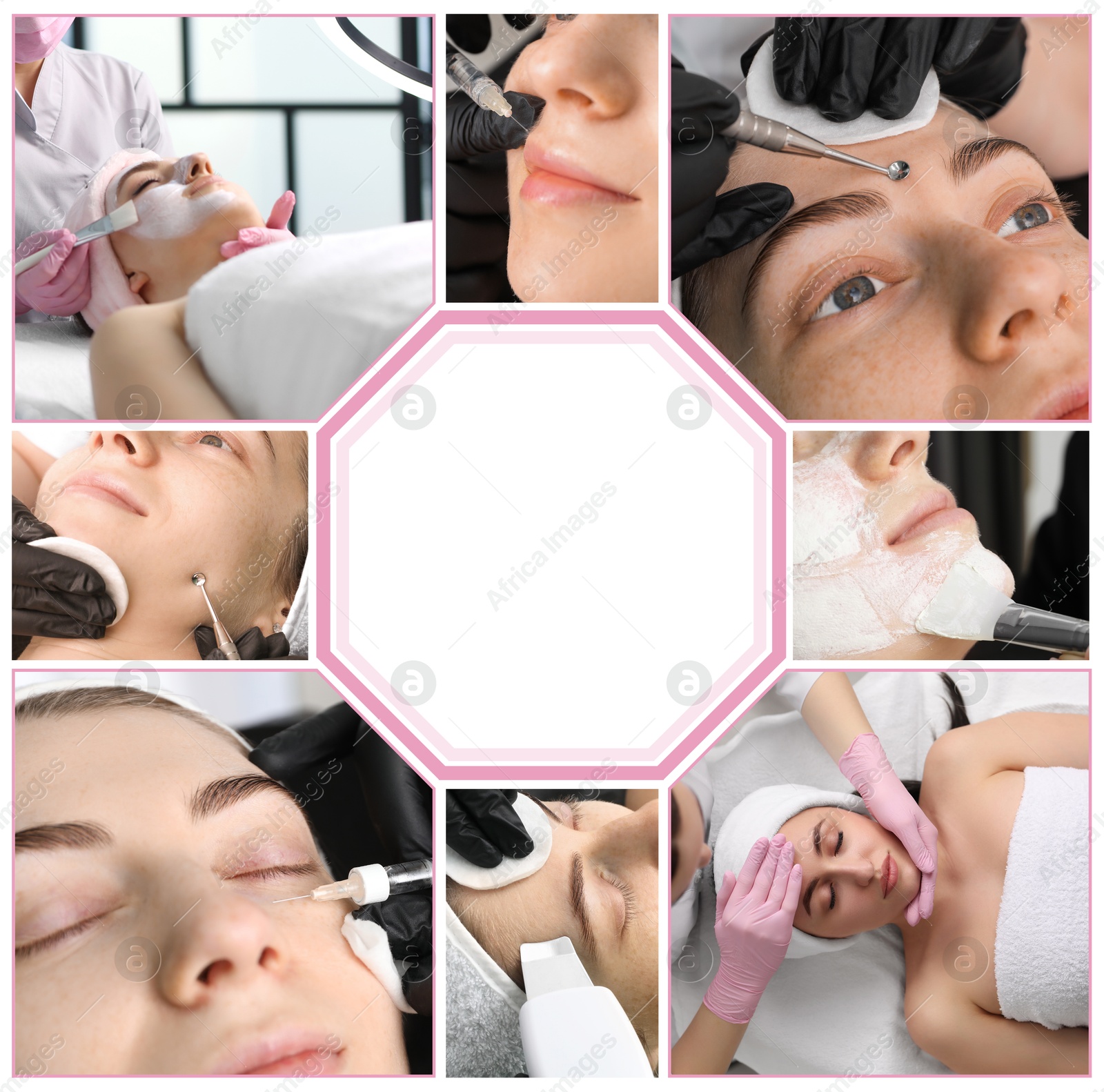 Image of Cosmetology. Collage with photos of client undergoing different beauty procedures