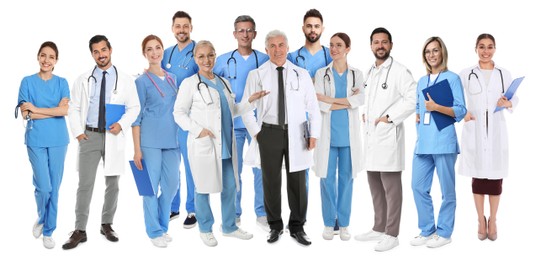 Image of Different healthcare workers in uniforms on white background