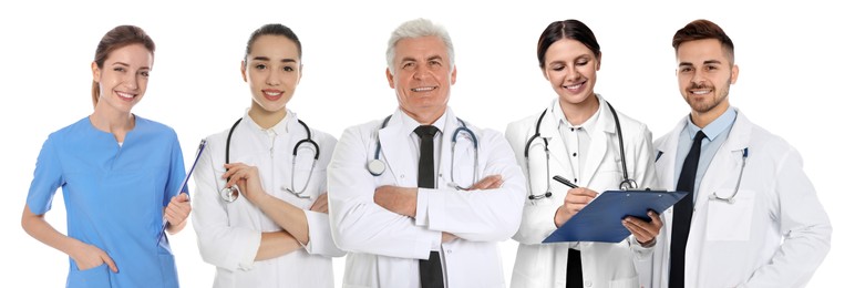 Different healthcare workers in uniforms on white background