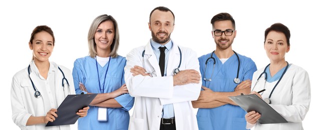 Image of Different healthcare workers in uniforms on white background