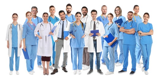 Image of Different healthcare workers in uniforms on white background