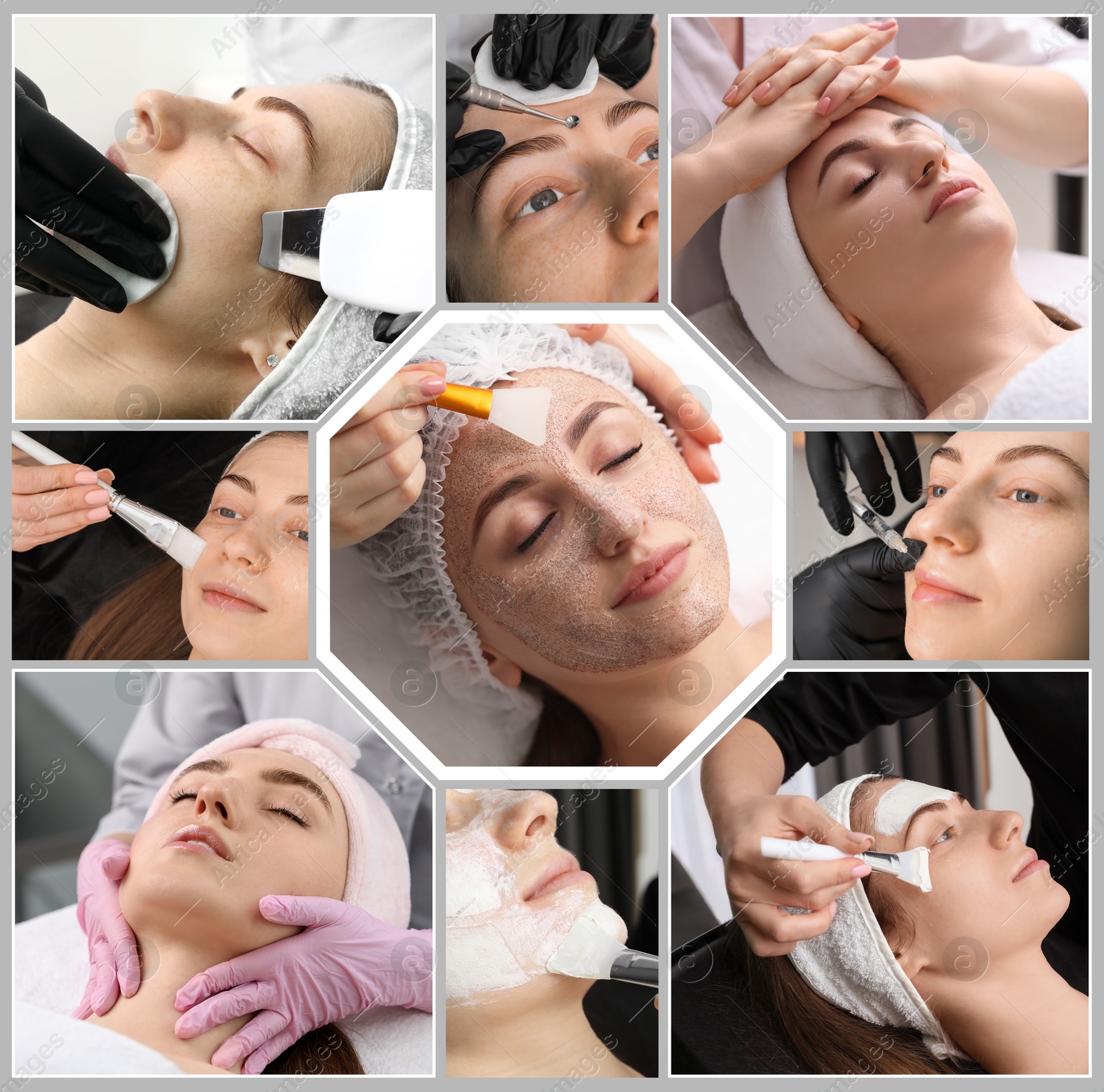 Image of Cosmetology. Collage with photos of client undergoing different beauty procedures