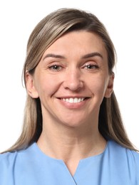 Photo of health worker for ID card or other document. Portrait of woman on white background