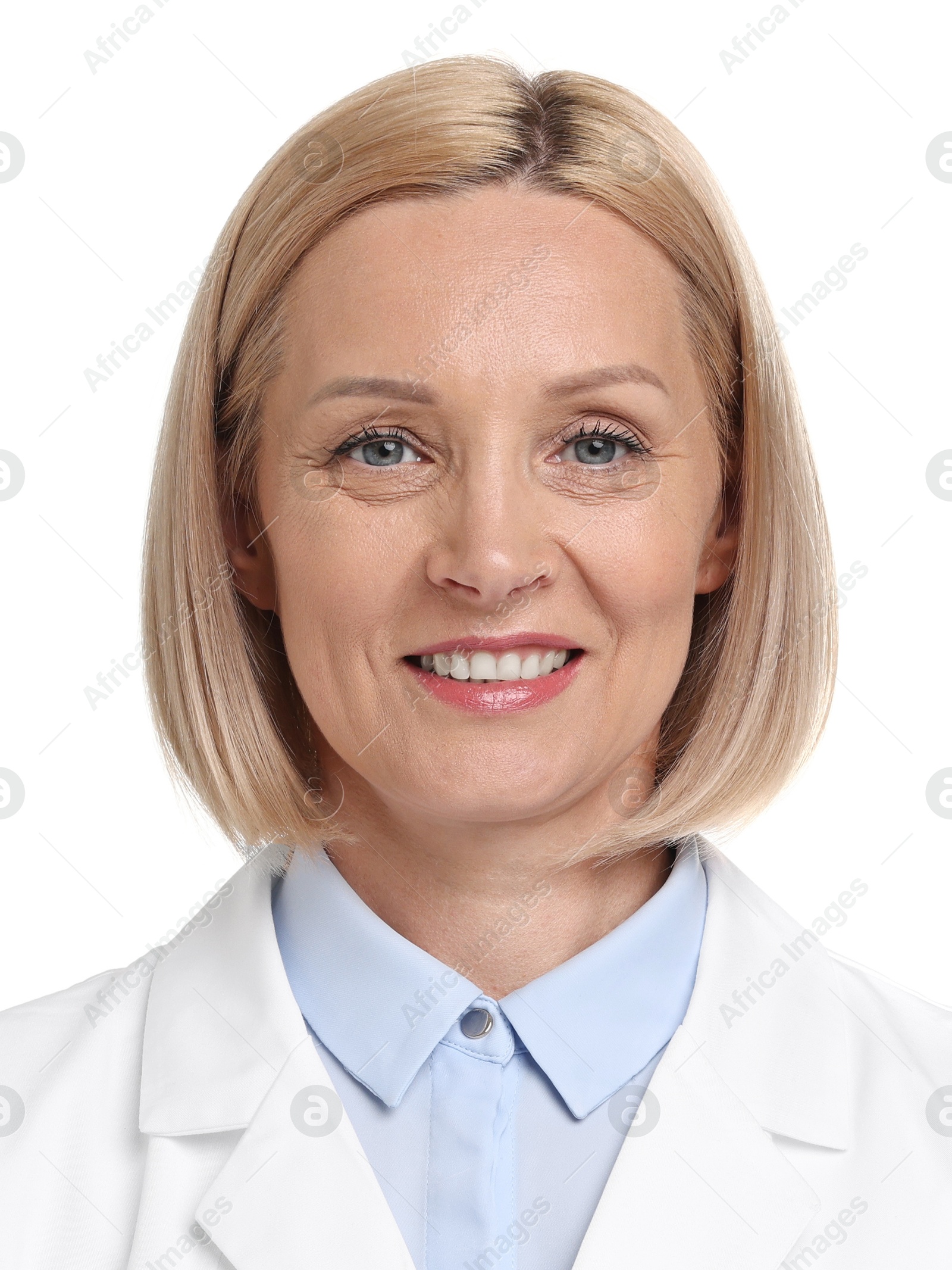 Image of Photo of health worker for ID card or other document. Portrait of woman on white background