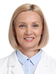 Image of Photo of health worker for ID card or other document. Portrait of woman on white background