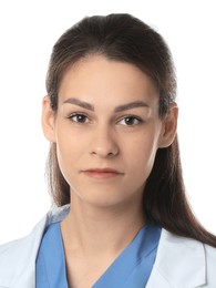 Image of Photo of health worker for ID card or other document. Portrait of woman on white background