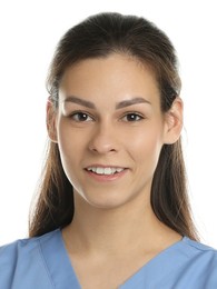 Photo of health worker for ID card or other document. Portrait of woman on white background