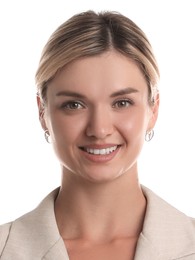 Passport photo of woman on white background