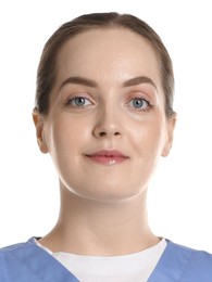 Photo of health worker for ID card or other document. Portrait of woman on white background