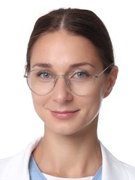 Photo of health worker for ID card or other document. Portrait of woman on white background