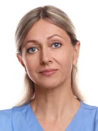 Photo of health worker for ID card or other document. Portrait of woman on white background