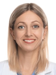 Photo of health worker for ID card or other document. Portrait of woman on white background