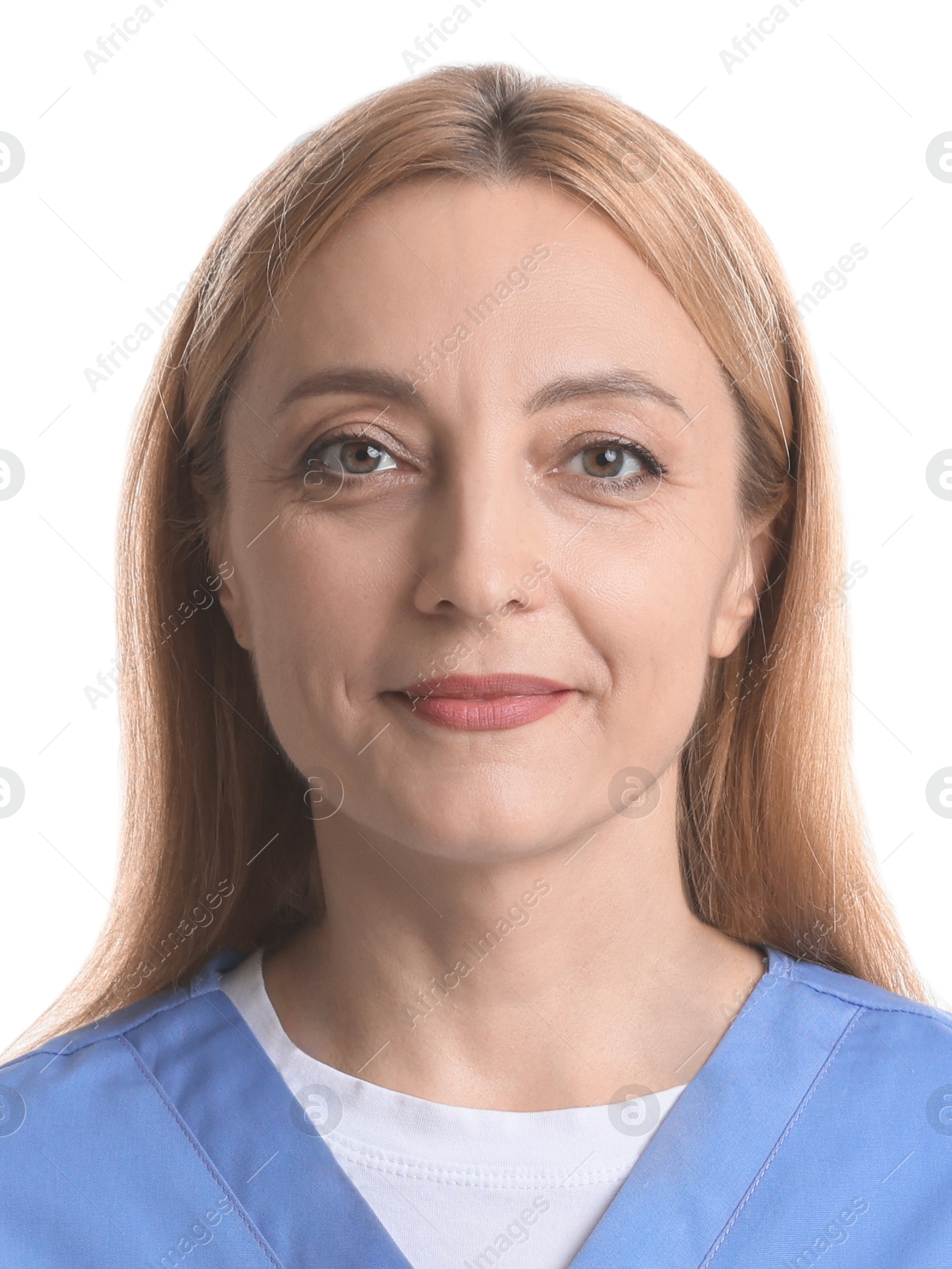 Image of Photo of health worker for ID card or other document. Portrait of woman on white background