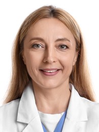 Image of Photo of health worker for ID card or other document. Portrait of woman on white background