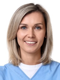 Photo of health worker for ID card or other document. Portrait of woman on white background