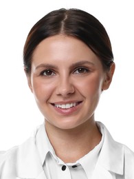 Photo of health worker for ID card or other document. Portrait of woman on white background