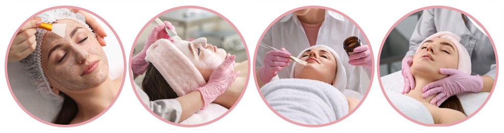 Image of Cosmetology. Collage with photos of client undergoing different beauty procedures on white background