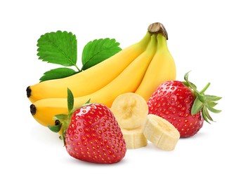 Image of Fresh ripe bananas and strawberries isolated on white