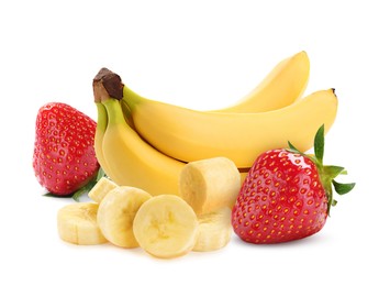 Image of Fresh ripe bananas and strawberries isolated on white