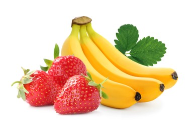 Image of Fresh ripe bananas and strawberries isolated on white