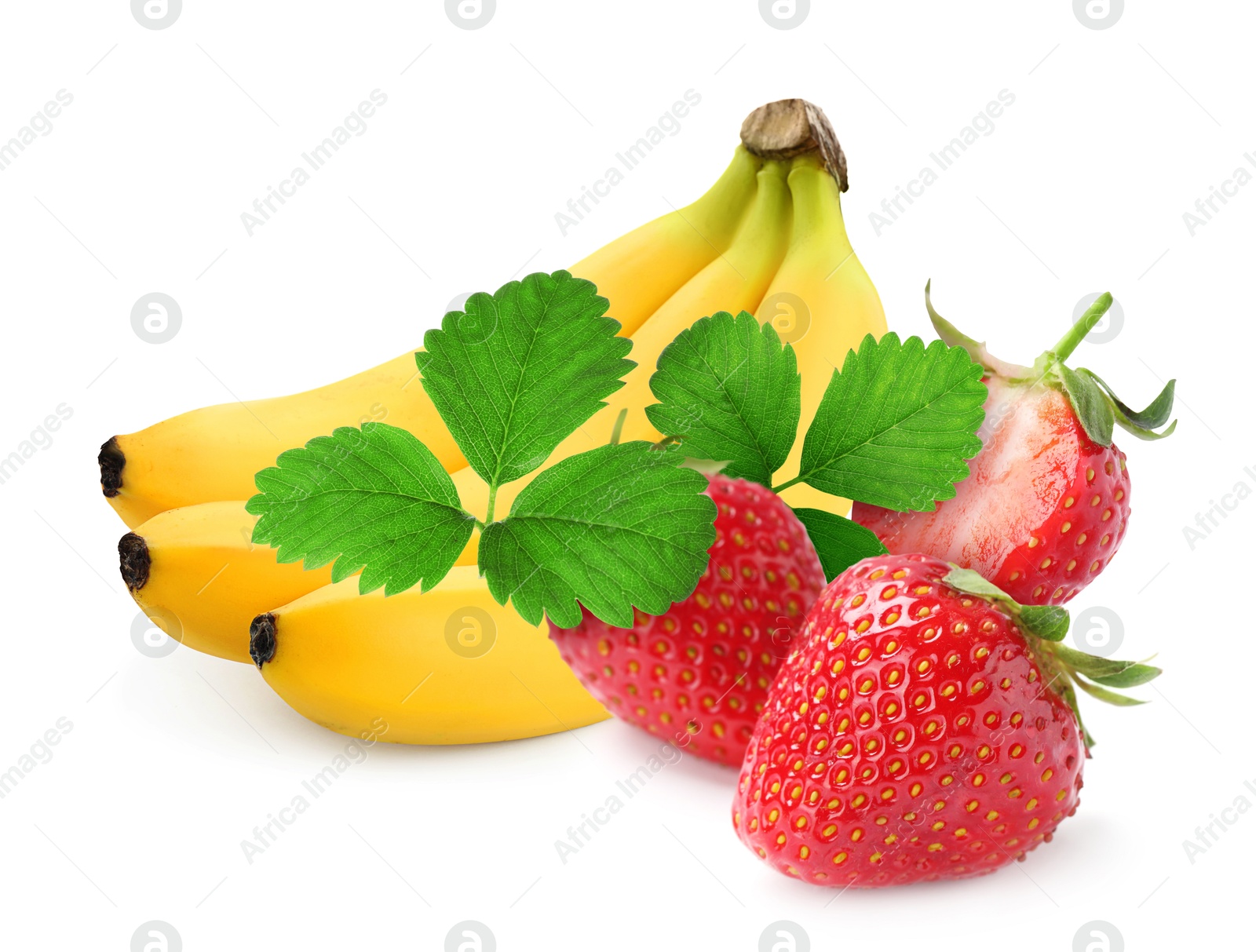 Image of Fresh ripe bananas and strawberries isolated on white