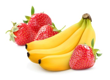 Image of Fresh ripe bananas and strawberries isolated on white