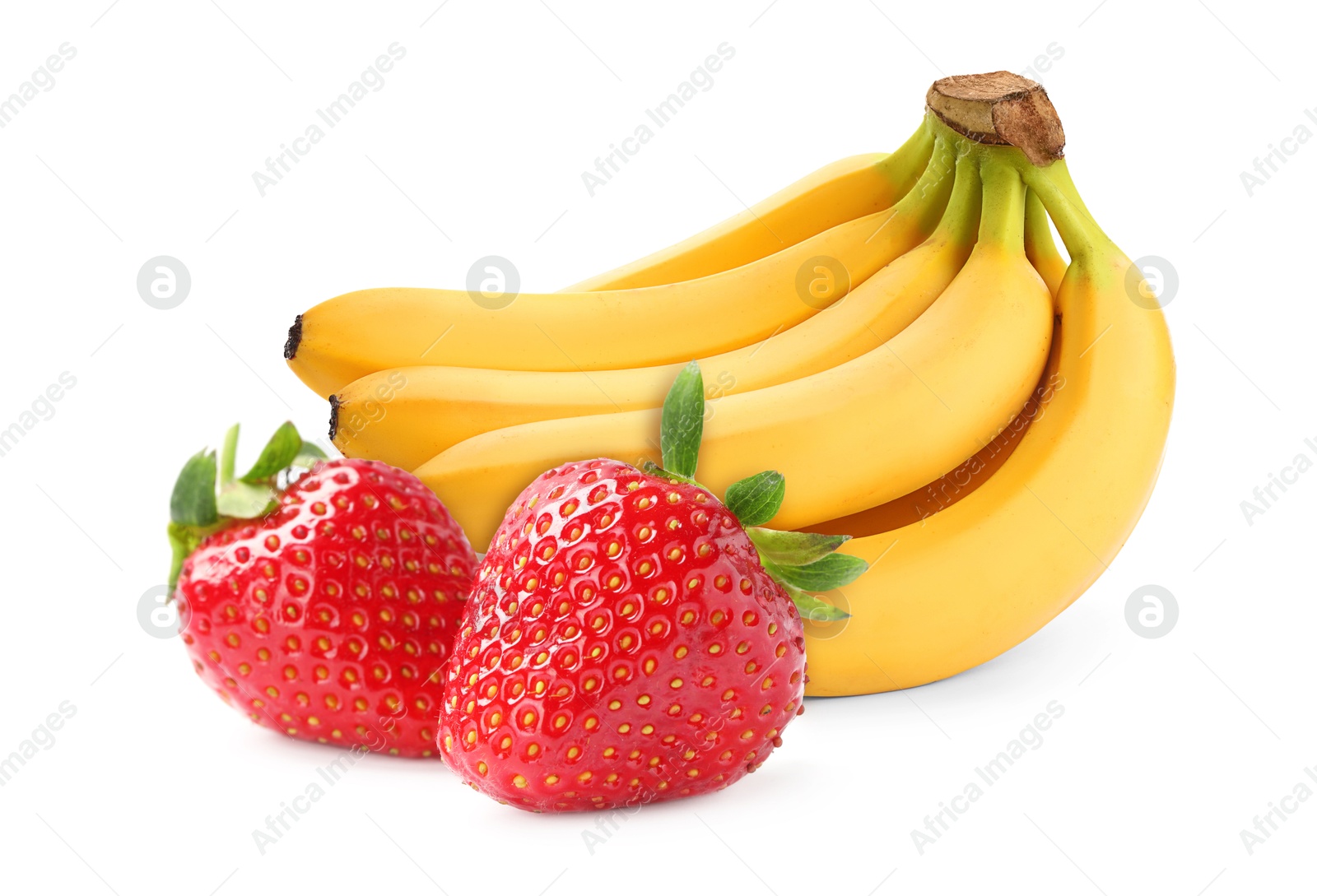 Image of Fresh ripe bananas and strawberries isolated on white