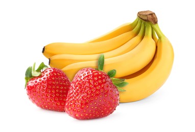 Image of Fresh ripe bananas and strawberries isolated on white