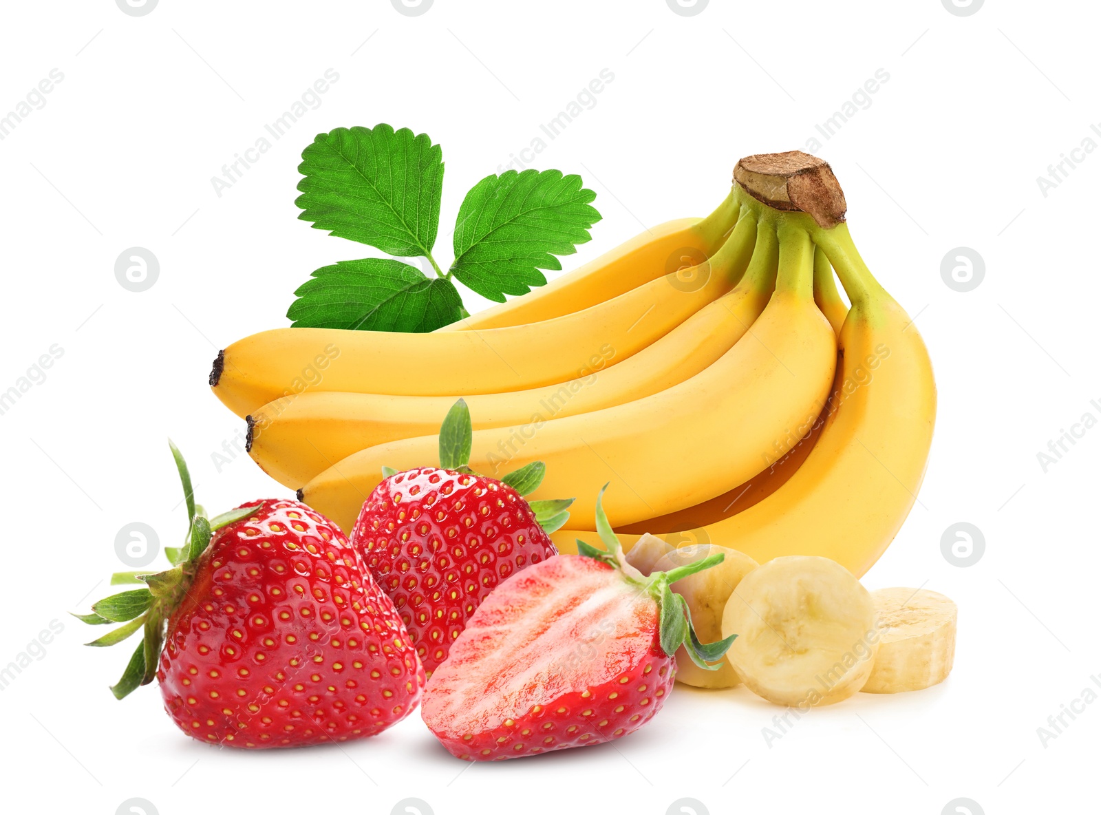 Image of Fresh ripe bananas and strawberries isolated on white