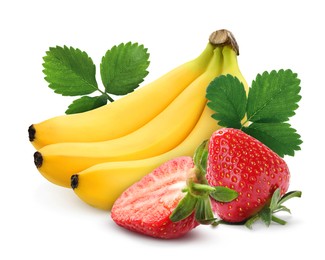 Image of Fresh ripe bananas and strawberries isolated on white