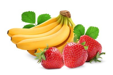 Image of Fresh ripe bananas and strawberries isolated on white