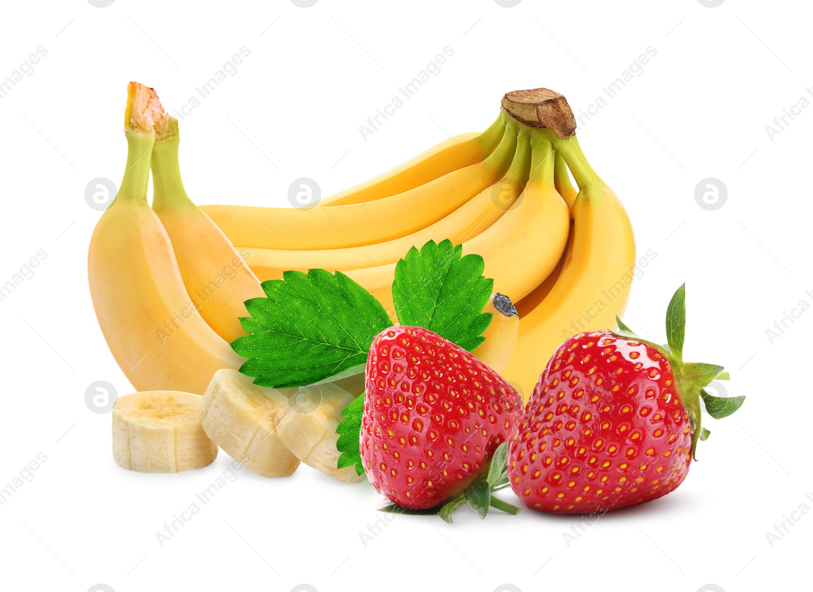 Image of Fresh ripe bananas and strawberries isolated on white