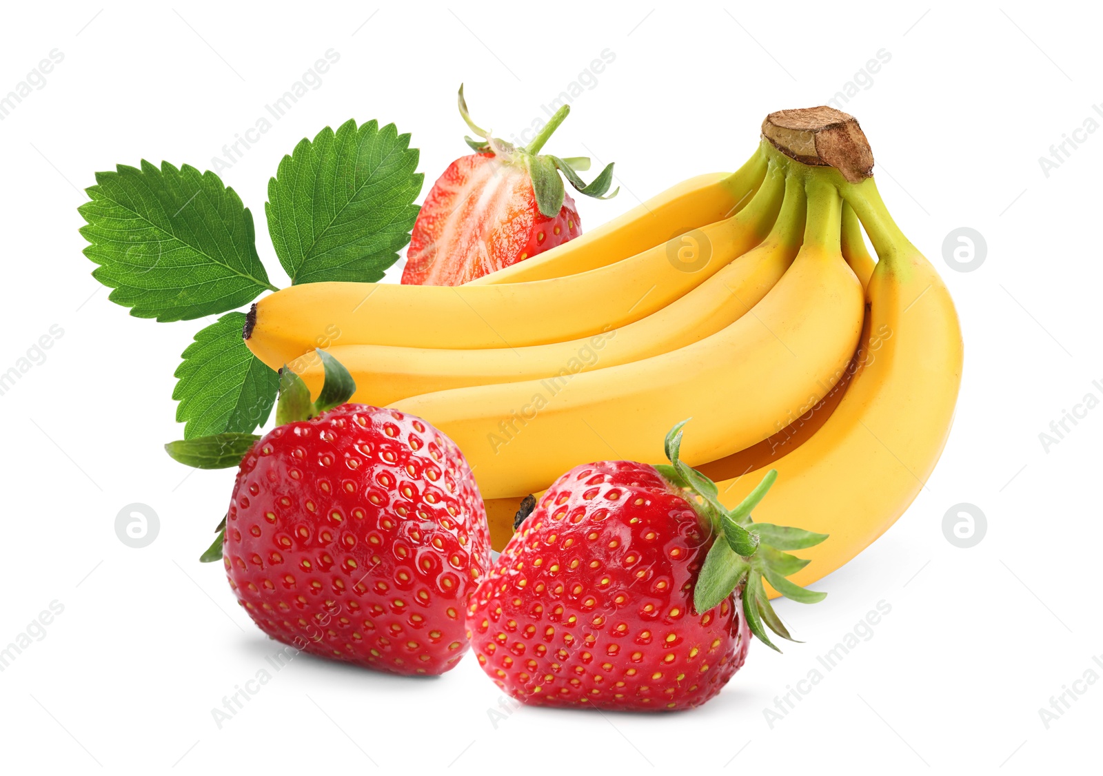 Image of Fresh ripe bananas and strawberries isolated on white