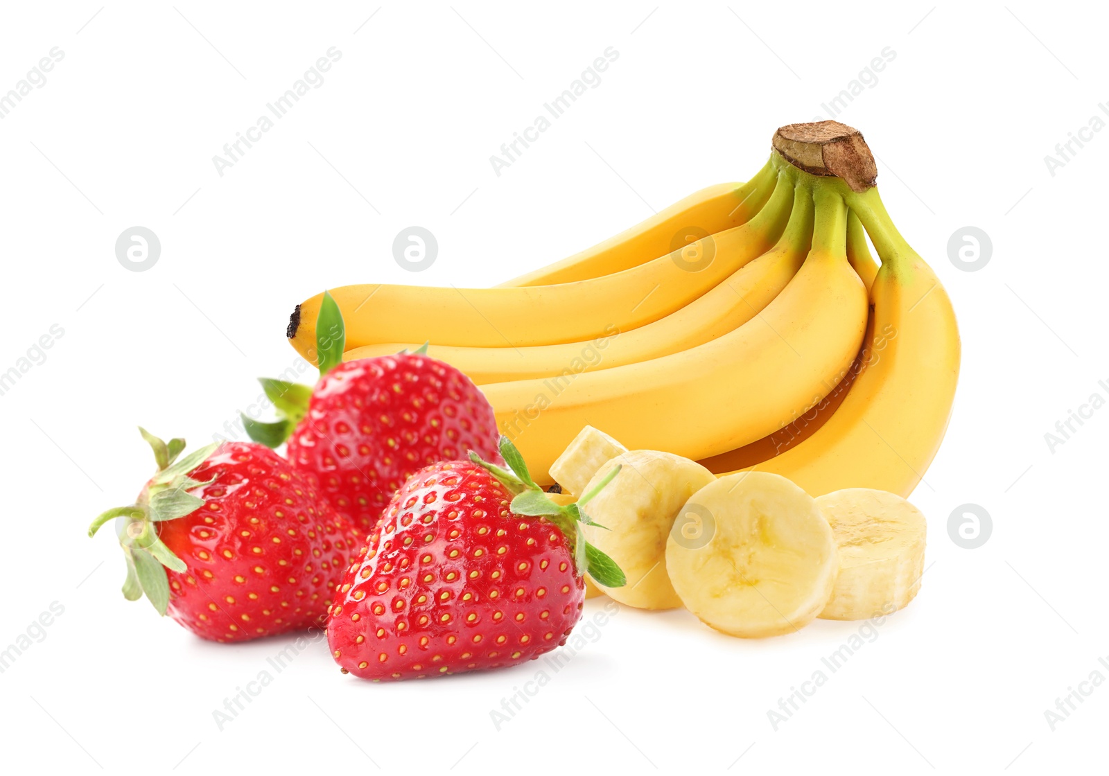 Image of Fresh ripe bananas and strawberries isolated on white