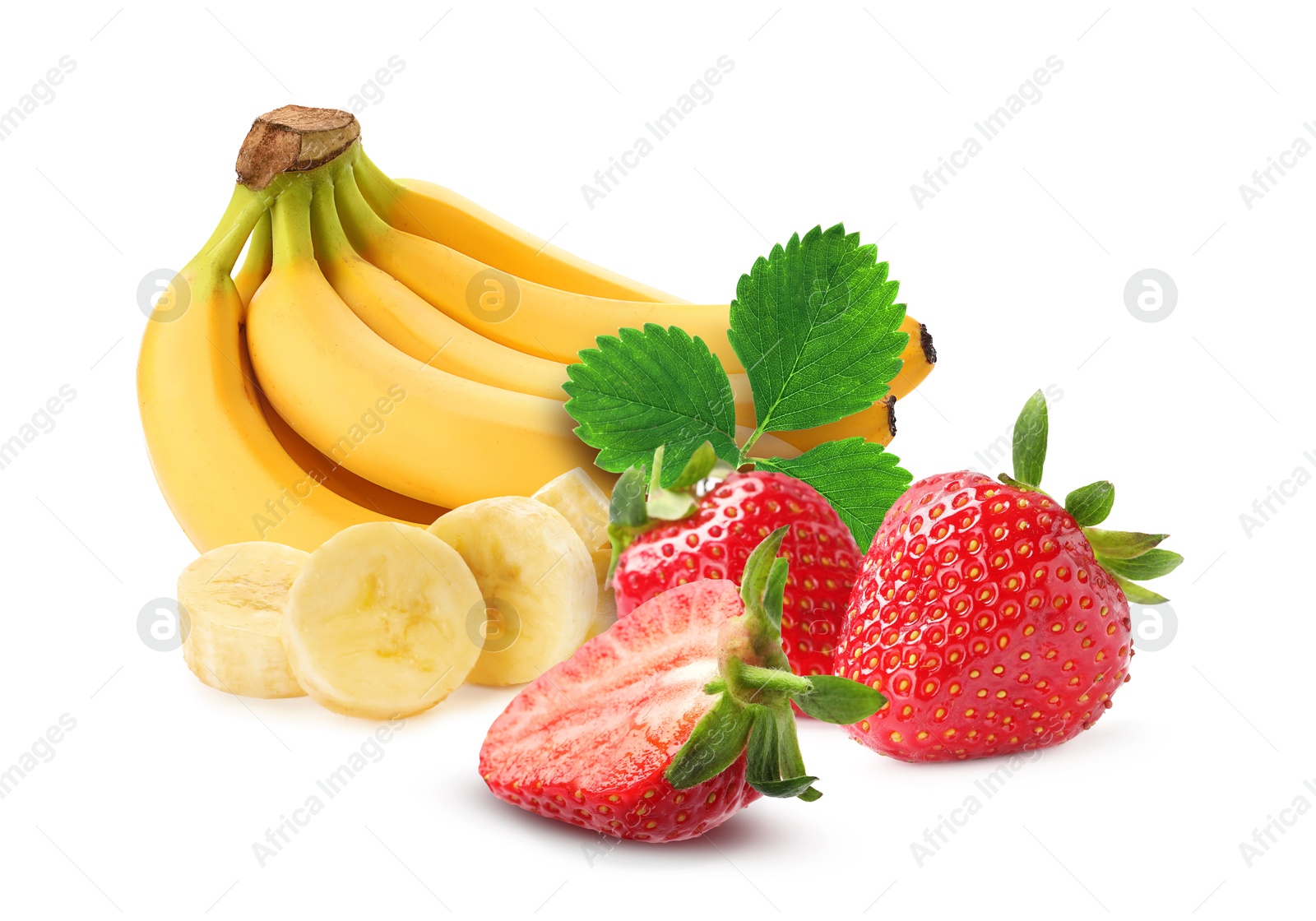 Image of Fresh ripe bananas and strawberries isolated on white