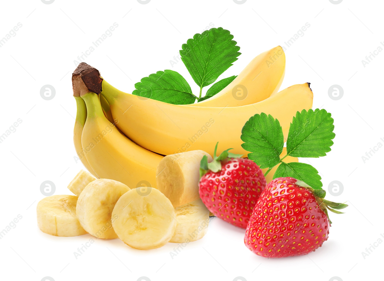 Image of Fresh ripe bananas and strawberries isolated on white